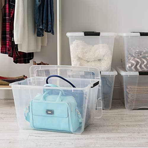 IRIS USA 54 Qt Stackable Plastic Storage Bins with Lids  6 Pack - BPA-Free  Made in USA - See-Through Organizing Solution  Latches  Durable Nestable Containers  Secure Pull Handle - Clear