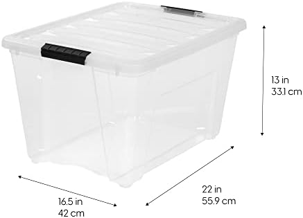 IRIS USA 54 Qt Stackable Plastic Storage Bins with Lids  6 Pack - BPA-Free  Made in USA - See-Through Organizing Solution  Latches  Durable Nestable Containers  Secure Pull Handle - Clear