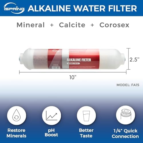iSpring FA15 Alkaline Water Filter Cartridge for Reverse Osmosis RO System 3-Layer 10-inch Inline Quick Connect Replacement or Add-on  pH Balance and Restore Minerals