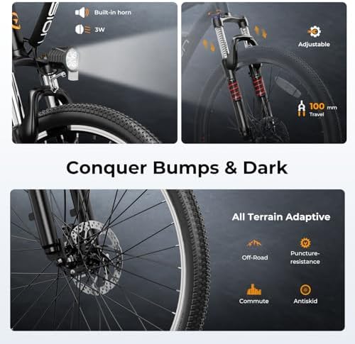 Jasion EB5 Electric Bike for Adults with Peak 500W Brushless Motor  40Miles 20MPH Commuting Electric Mountain Bike with 360Wh Removable Battery  7-Speed  26" Tires and Front Fork Suspension