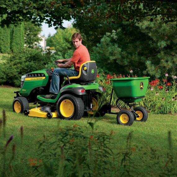 John Deere 175 lb Tow-Behind Broadcast Spreader, Rustproof Poly Hopper, Universal Fit