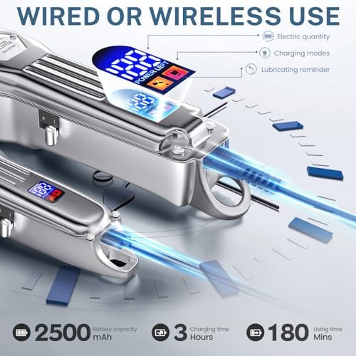 KIKIDO Hair Clippers Professional Cordless for Men  Barber Clippers for Hair Cutting Kit  Wireless LCD Display Hair Trimmers Set  Rechargeable Haircut Machine for Family (Sliver)