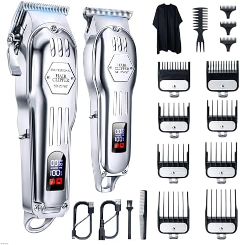 KIKIDO Hair Clippers Professional Cordless for Men  Barber Clippers for Hair Cutting Kit  Wireless LCD Display Hair Trimmers Set  Rechargeable Haircut Machine for Family (Sliver)