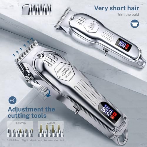 KIKIDO Hair Clippers Professional Cordless for Men  Barber Clippers for Hair Cutting Kit  Wireless LCD Display Hair Trimmers Set  Rechargeable Haircut Machine for Family (Sliver)