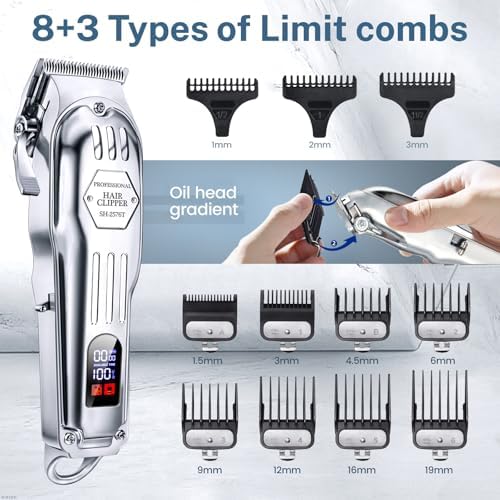 KIKIDO Hair Clippers Professional Cordless for Men  Barber Clippers for Hair Cutting Kit  Wireless LCD Display Hair Trimmers Set  Rechargeable Haircut Machine for Family (Sliver)