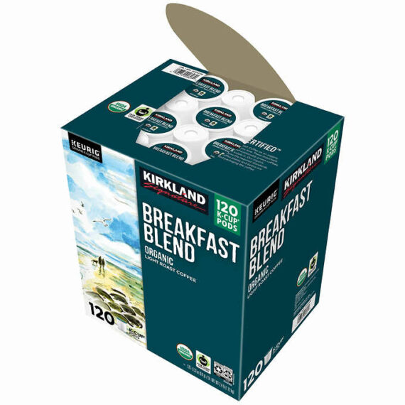 Kirkland Signature Organic Breakfast Blend Coffee K-Cup Pods, Light Roast, 120-Count, Arabica
