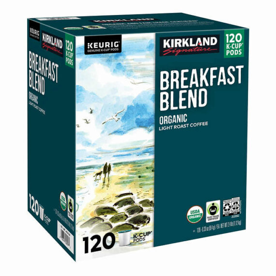 Kirkland Signature Organic Breakfast Blend Coffee K-Cup Pods, Light Roast, 120-Count, Arabica