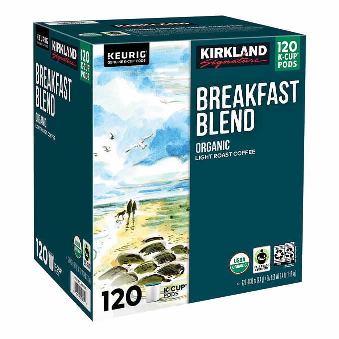 Kirkland Signature Organic Breakfast Blend Coffee K-Cup Pods, Light Roast, 120-Count, Arabica