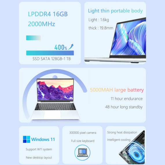 KUU 15.6" Laptop Intel Celeron N5095, 16GB RAM, 512GB SSD, Win 11 Pro, Backlit Keyboard, Wifi & Bluetooth