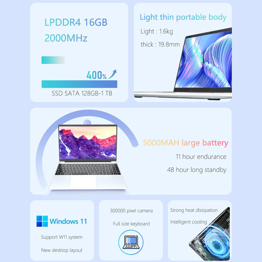 KUU 15.6" Laptop Intel Celeron N5095, 16GB RAM, 512GB SSD, Win 11 Pro, Backlit Keyboard, Wifi & Bluetooth