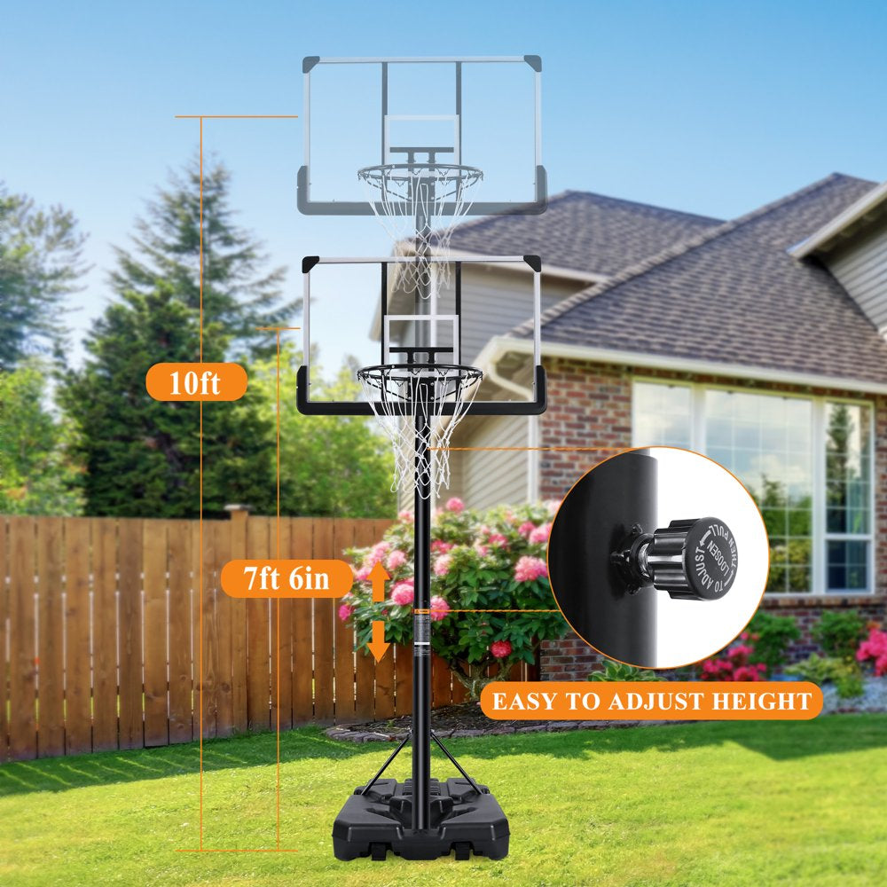 MARNUR 44" Portable Basketball Hoop, Adjustable Height 7.6-10 ft, Shatterproof Backboard, Outdoor Sports Equipment