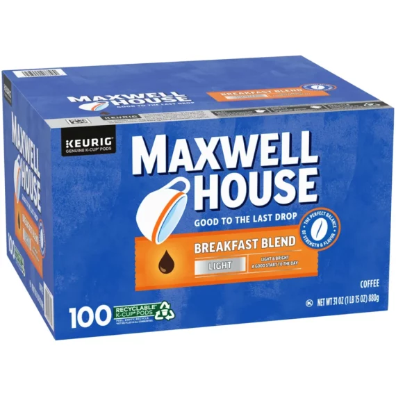 Maxwell House Breakfast Blend Light Roast Coffee Pods, 100 K-Cups, Kosher Certified