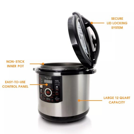 Megachef 12 Quart Steel Digital Pressure Cooker with 15 Presets and Glass Lid
