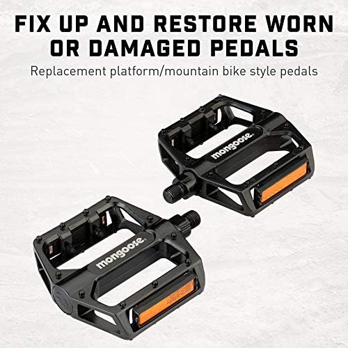 Mongoose Bike Pedals for Adult Mountain Bikes 1/2" and 9/16" Adapters Included Lightweight Durable Alloy Wide Platform Pedal with Reflective Strips on Sides Mountain Bike Accessories