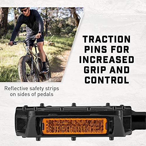 Mongoose Bike Pedals for Adult Mountain Bikes 1/2" and 9/16" Adapters Included Lightweight Durable Alloy Wide Platform Pedal with Reflective Strips on Sides Mountain Bike Accessories