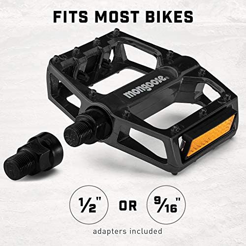 Mongoose Bike Pedals for Adult Mountain Bikes 1/2" and 9/16" Adapters Included Lightweight Durable Alloy Wide Platform Pedal with Reflective Strips on Sides Mountain Bike Accessories