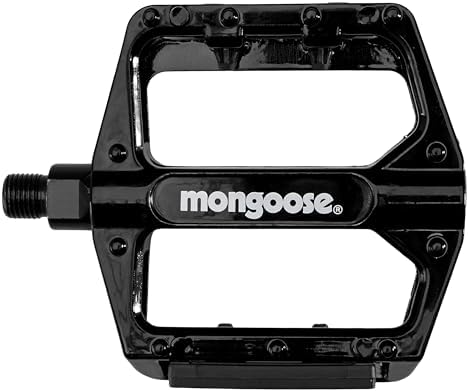 Mongoose Bike Pedals for Adult Mountain Bikes 1/2" and 9/16" Adapters Included Lightweight Durable Alloy Wide Platform Pedal with Reflective Strips on Sides Mountain Bike Accessories