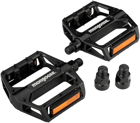 Mongoose Bike Pedals for Adult Mountain Bikes 1/2" and 9/16" Adapters Included Lightweight Durable Alloy Wide Platform Pedal with Reflective Strips on Sides Mountain Bike Accessories