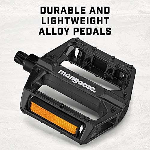 Mongoose Bike Pedals for Adult Mountain Bikes 1/2" and 9/16" Adapters Included Lightweight Durable Alloy Wide Platform Pedal with Reflective Strips on Sides Mountain Bike Accessories