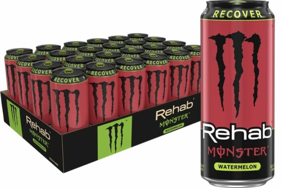 Monster Energy Rehab Watermelon Drink, 15.5oz, 24-Pack, Hydrating Electrolytes & Vitamins, 150mg Caffeine