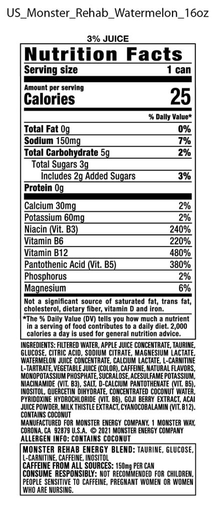 Monster Energy Rehab Watermelon Drink, 15.5oz, 24-Pack, Hydrating Electrolytes & Vitamins, 150mg Caffeine