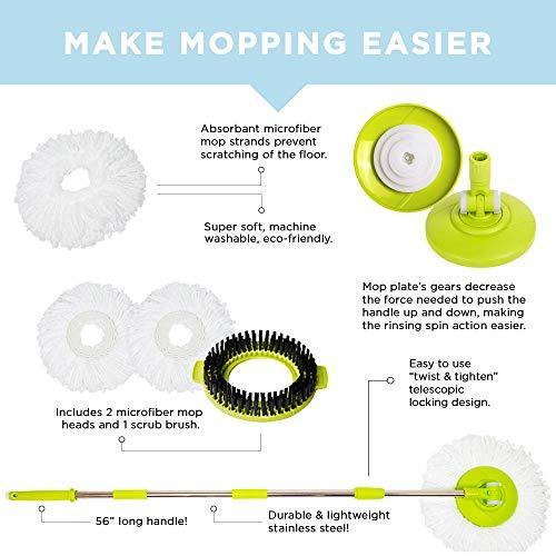 MOPNADO – Deluxe Stainless Steel Rolling Spin Mop System with 2 Replacement Microfiber Mop Heads and Brush Attachment – Walkable with Wheels – Perfect For All Floor Types – Multipurpose Home Use