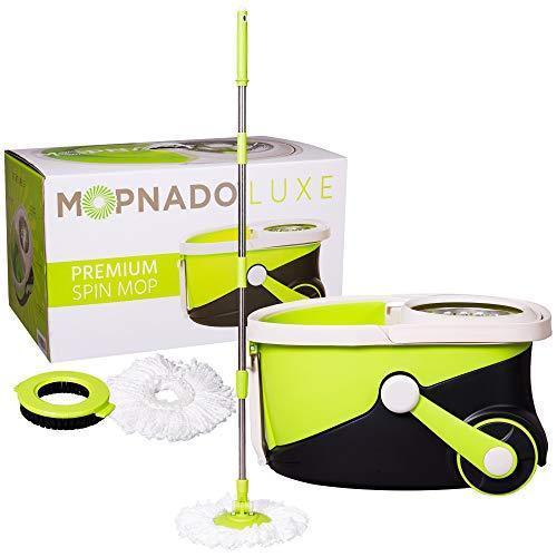MOPNADO – Deluxe Stainless Steel Rolling Spin Mop System with 2 Replacement Microfiber Mop Heads and Brush Attachment – Walkable with Wheels – Perfect For All Floor Types – Multipurpose Home Use