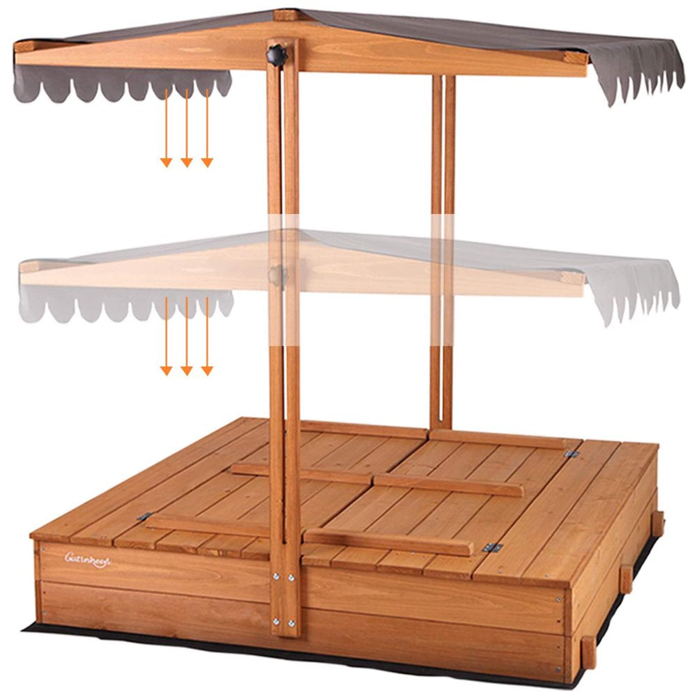 Morgete Outdoor Sandbox with Lid & Bench, Retractable Canopy, Foldable Design, 47" Large Play Area for Kids