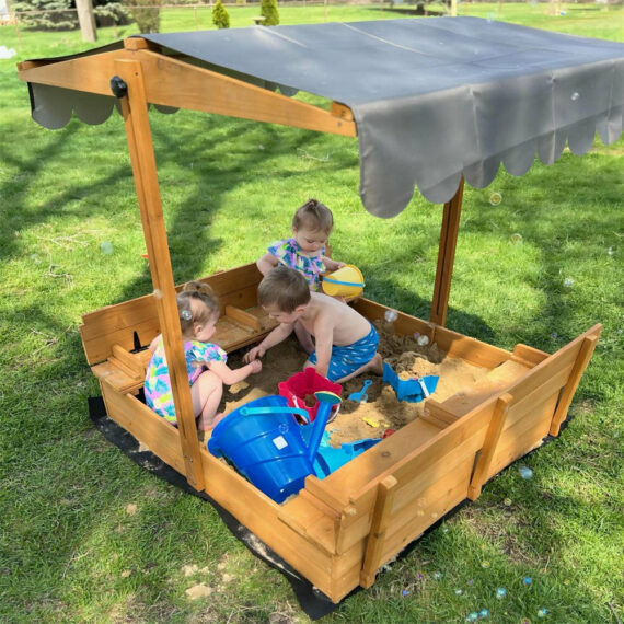 Morgete Outdoor Sandbox with Lid & Bench, Retractable Canopy, Foldable Design, 47" Large Play Area for Kids