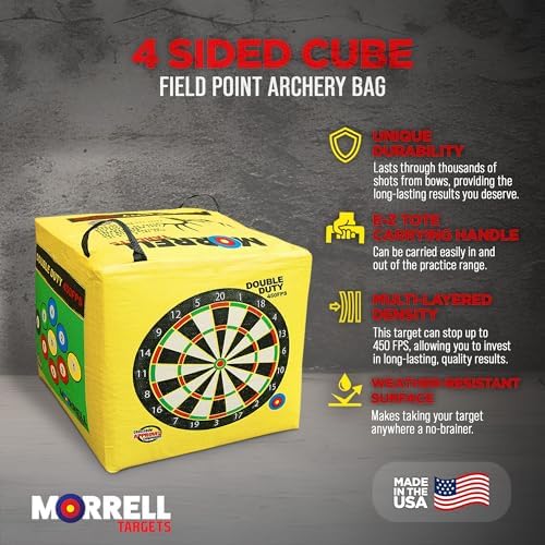 Morrell Double Duty 450 FPS Cube Field Point Archery Bag Target with Traditional Bullseyes  Nine-ball  Dartboard Game  and Deer Vitals  Yellow