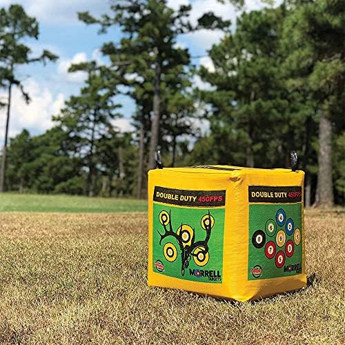Morrell Double Duty 450 FPS Cube Field Point Archery Bag Target with Traditional Bullseyes  Nine-ball  Dartboard Game  and Deer Vitals  Yellow