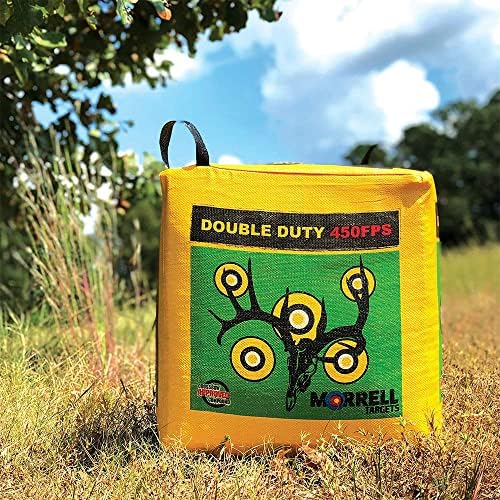 Morrell Double Duty 450 FPS Cube Field Point Archery Bag Target with Traditional Bullseyes  Nine-ball  Dartboard Game  and Deer Vitals  Yellow