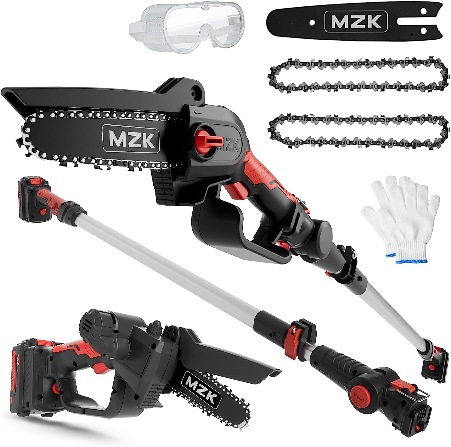 MZK 2-in-1 Cordless Pole Saw & Mini Chainsaw with 3 Replacement Chain for Tree Trimming