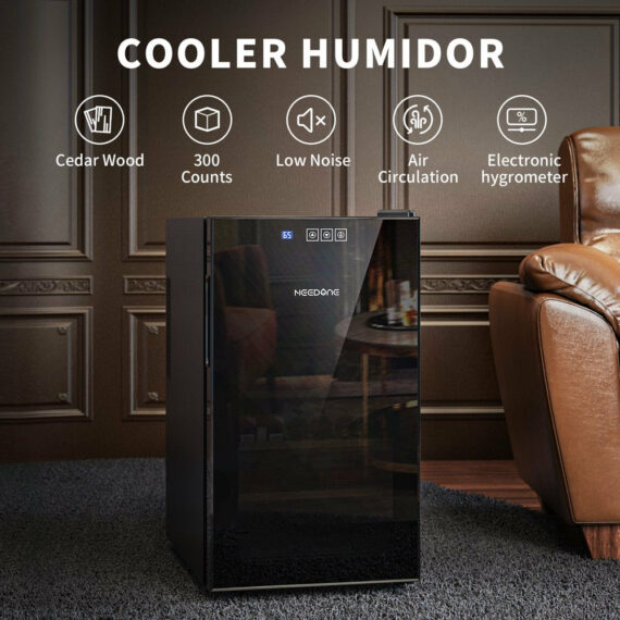 NEEDONE 48L Electric Cigar Humidor with Spanish Cedar Shelves & Drawer, 300 Capacity, Touch Control, Quiet Operation