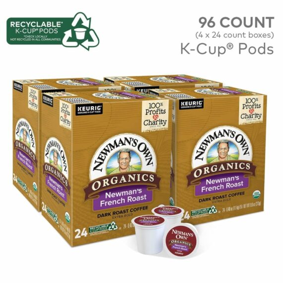 Newman's Own Organics French Roast Dark Coffee K-Cup Pods, 96 Count, USDA Organic, Keurig Compatible