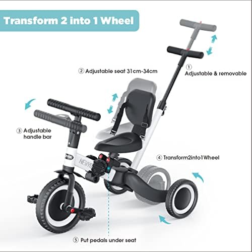 newyoo Toddler Bike  4 in 1 Tricycles for 1 2 3 Year Olds  Balance Bike  Birthday Gift and Toy for Boys and Girls  Kids Tricycle with Parent Steering Push Handle  Removable Pedals  White  TR007