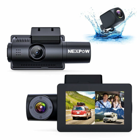 Nexpow DC305V 4K Triple Channel Dash Cam with 3" LCD, Front and Rear Cameras, 24-Hour Parking Mode