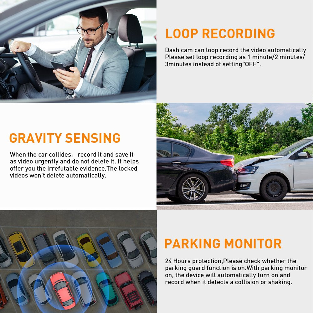 Nexpow DC305V 4K Triple Channel Dash Cam with 3″ LCD, Front and Rear Cameras, 24-Hour Parking Mode