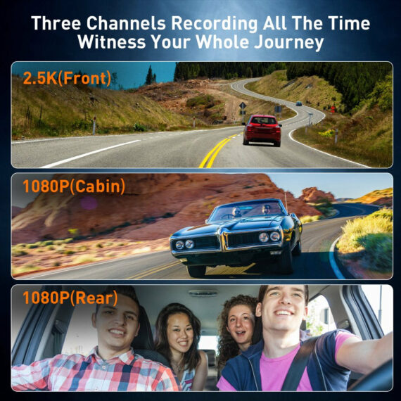 Nexpow DC305V 4K Triple Channel Dash Cam with 3" LCD, Front and Rear Cameras, 24-Hour Parking Mode