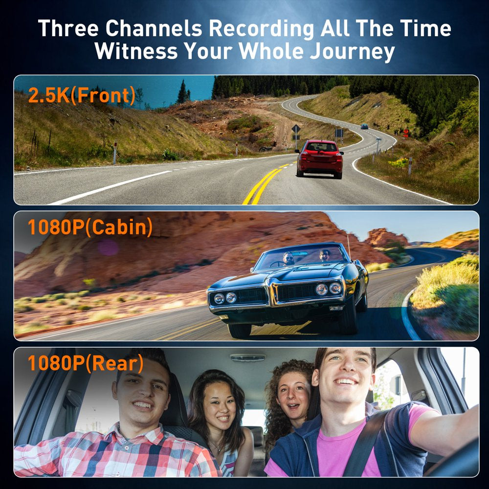 Nexpow DC305V 4K Triple Channel Dash Cam with 3" LCD, Front and Rear Cameras, 24-Hour Parking Mode