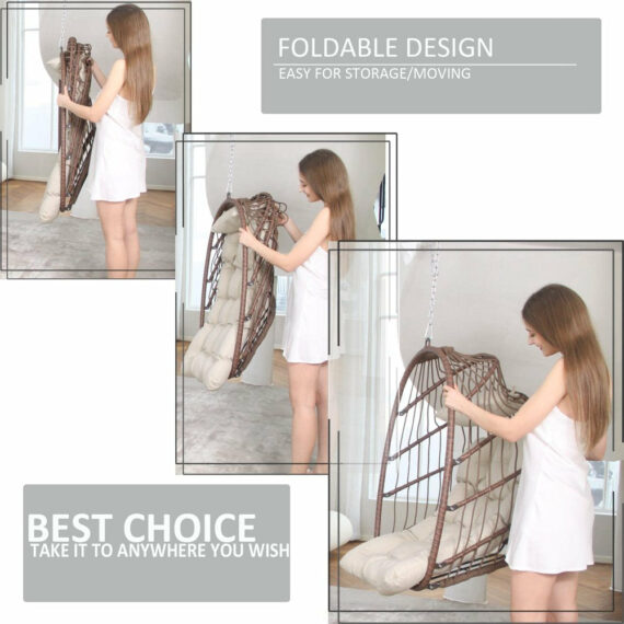 Nicesoul Brown Wicker Hanging Egg Chair with Stand, Foldable, 350lbs Capacity, Indoor/Outdoor Swing Chair with Cushion and Pillow