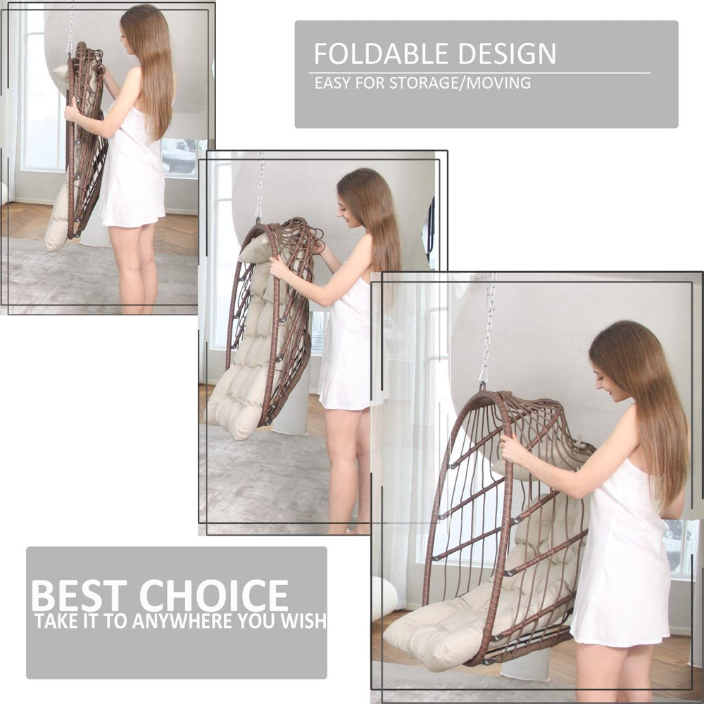 Nicesoul Brown Wicker Hanging Egg Chair with Stand, Foldable, 350lbs Capacity, Indoor/Outdoor Swing Chair with Cushion and Pillow