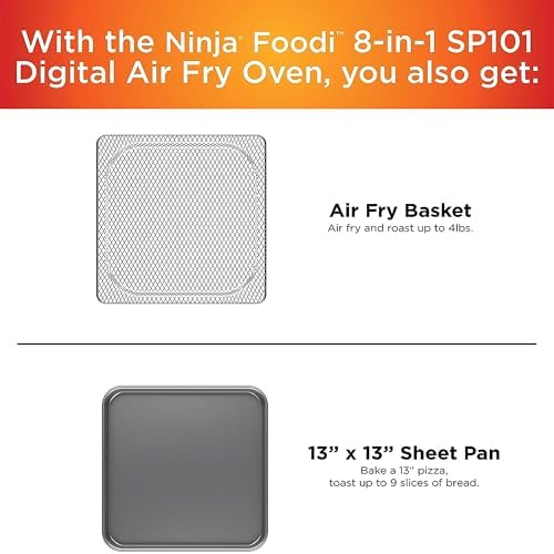 Ninja SP101 Digital Air Fry Countertop Oven with 8-in-1 Functionality  Flip Up & Away Capability for Storage Space  with Air Fry Basket  Wire Rack & Crumb Tray  Silver