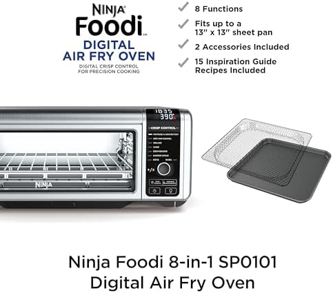 Ninja SP101 Digital Air Fry Countertop Oven with 8-in-1 Functionality  Flip Up & Away Capability for Storage Space  with Air Fry Basket  Wire Rack & Crumb Tray  Silver