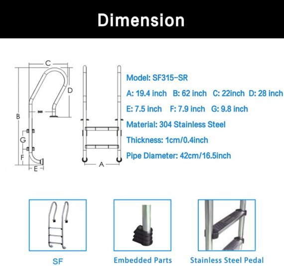 Non-Slip 3-StepStainless Steel In Ground Swimming Pool Ladder with Easy Mount Legs for Above Ground Pools