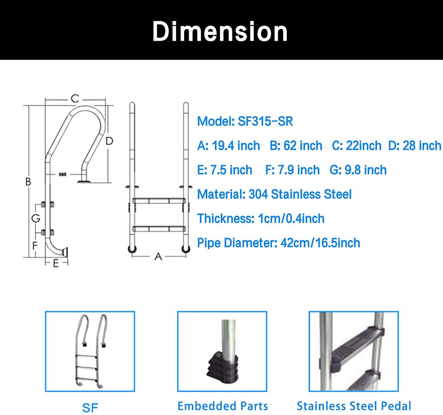 Non-Slip 3-StepStainless Steel In Ground Swimming Pool Ladder with Easy Mount Legs for Above Ground Pools