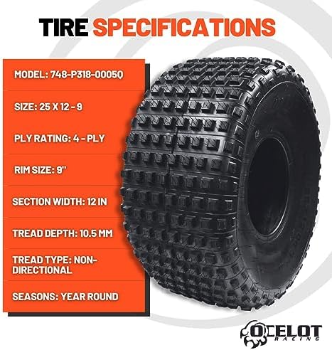 Ocelot 25x12x9 ATV/UTV Tire with Non-Directional Tread  Self-Cleaning Lug Design  Great Flotation - 25-Inch