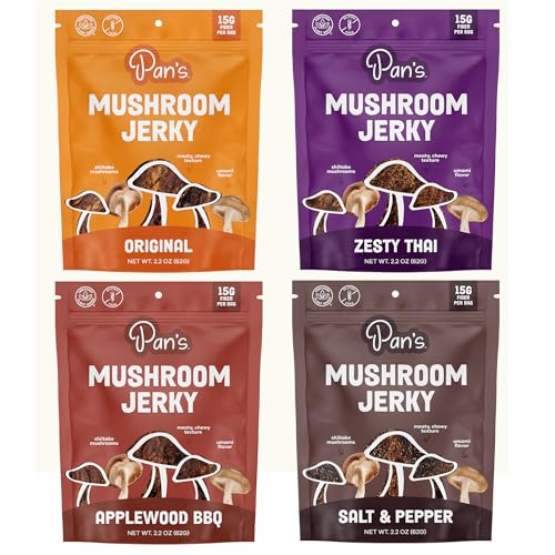 Pan's Mushroom Jerky  Organic  Vegan Snacks  Mushrooms Shitake  Meatless Jerky  Gluten Free  High in Fiber  Variety pack of Original  Zesty Thai  Salt & Pepper  BBQ (2.2 Ounce  Pack of 4)