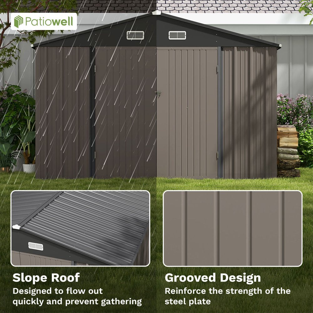 Patiowell 10x10 ft Metal Outdoor Storage Shed, Sloping Roof, Double Lockable Doors, Coffee Brown