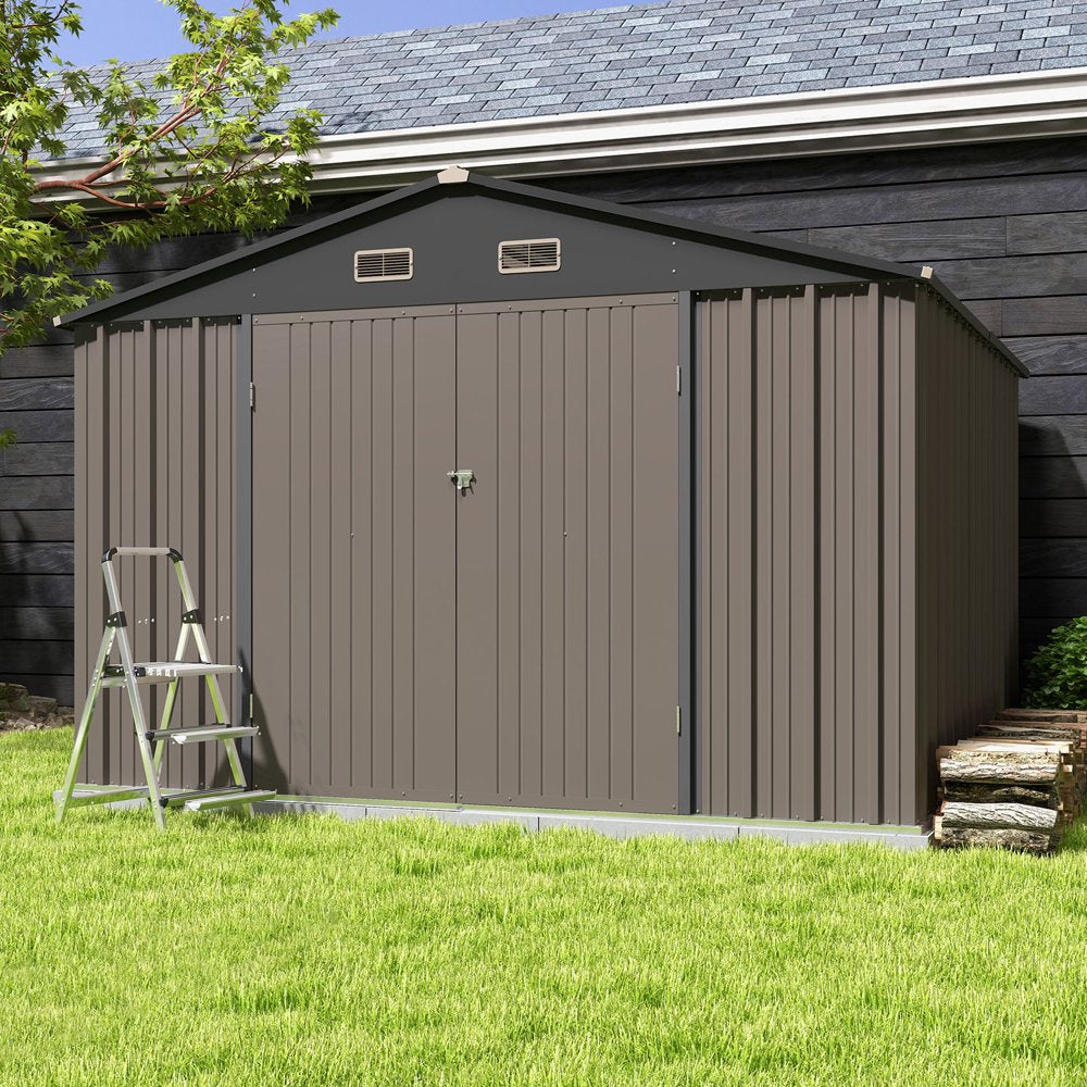 Patiowell 10x10 ft Metal Outdoor Storage Shed, Sloping Roof, Double Lockable Doors, Coffee Brown